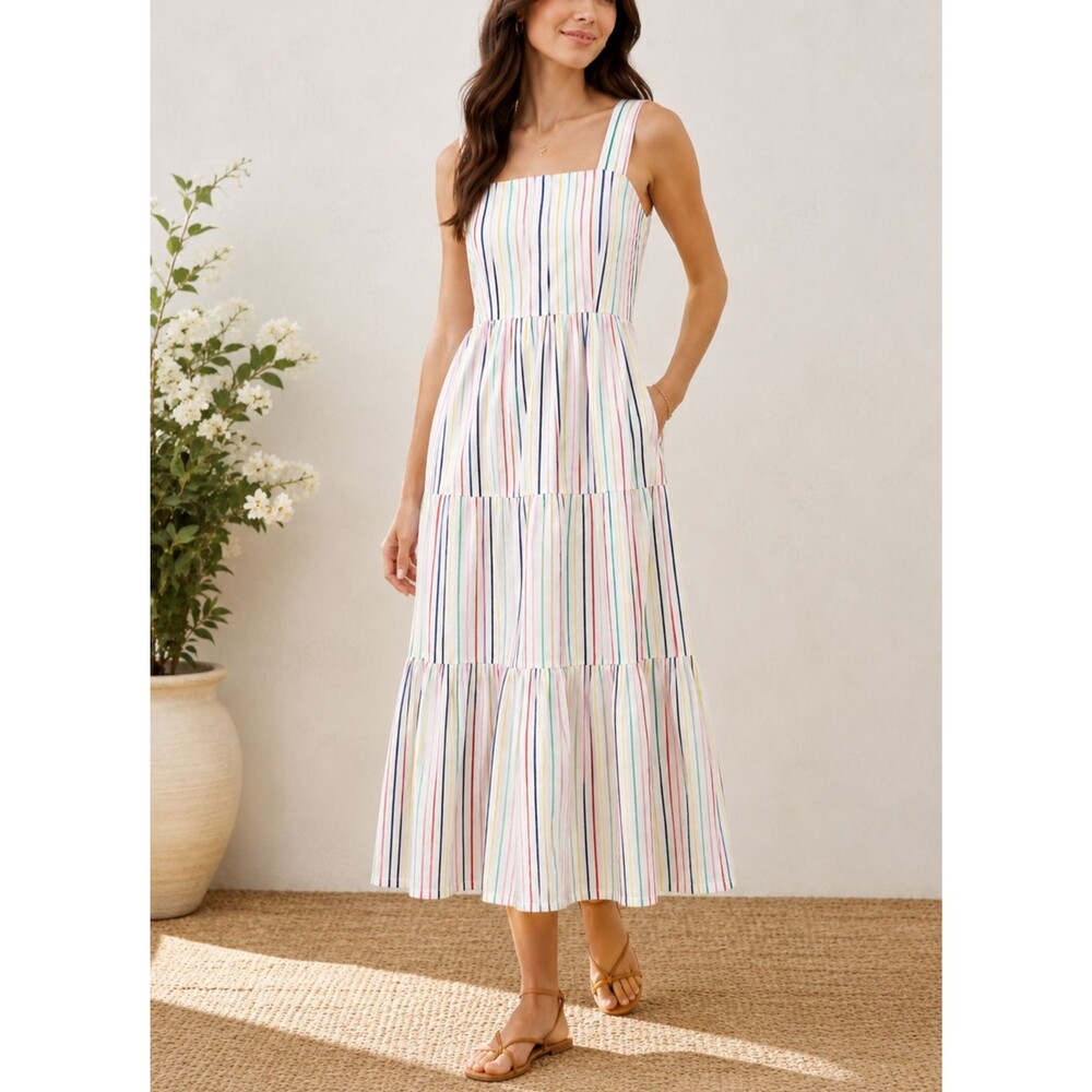 J. Crew Factory Rainbow Striped Tiered Maxi Dress Cotton Pockets Preppy 6P